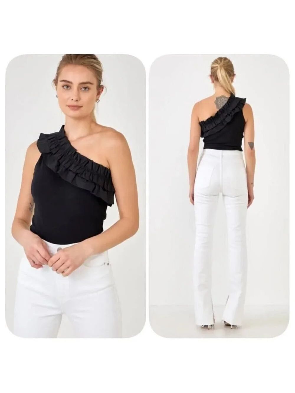 Endless Rose Black Ruffle One Shoulder Bodysuit Size S